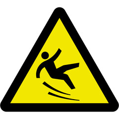 Slippery surface warning sign with a pictogram of a falling person. Yellow triangular hazard symbol indicating danger and risk of accidents on a wet floor.