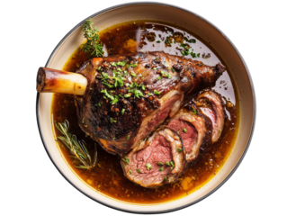 overhead photo of a decadent pot of a lamb shank in a perfectly circular pan. Part of the lamb shank is sliced showing medium