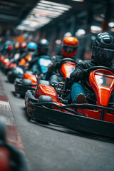 Fototapeta premium Kart racers driving go-karts on indoor track