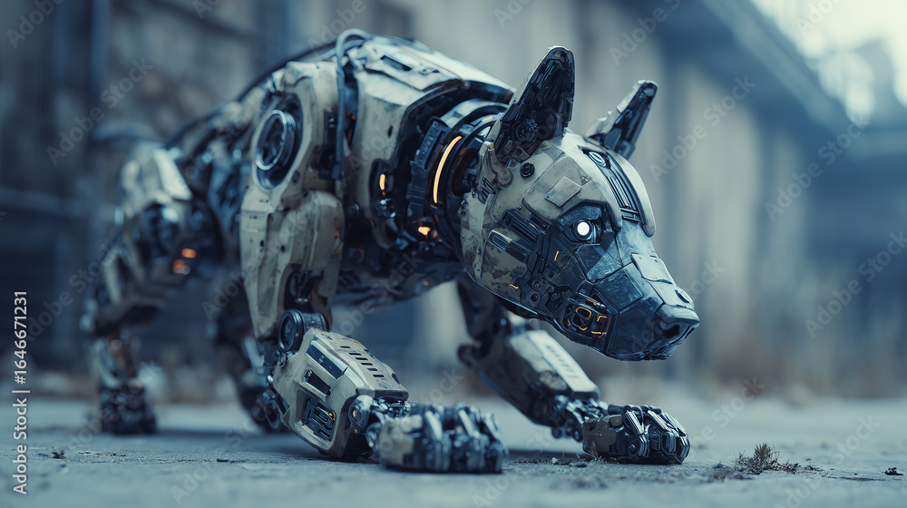 Poster futuristic robot dog crouching in desolate urban setting
