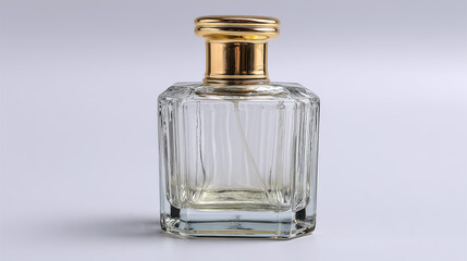 Elegant glass perfume bottle with gold cap on white background