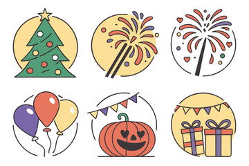 Set of cute cartoon holiday icons with christmas tree, fireworks, pumpkin, balloons and gifts