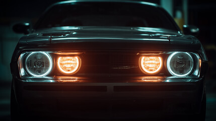 Fototapeta premium Powerful headlights illuminating dark garage on sports car