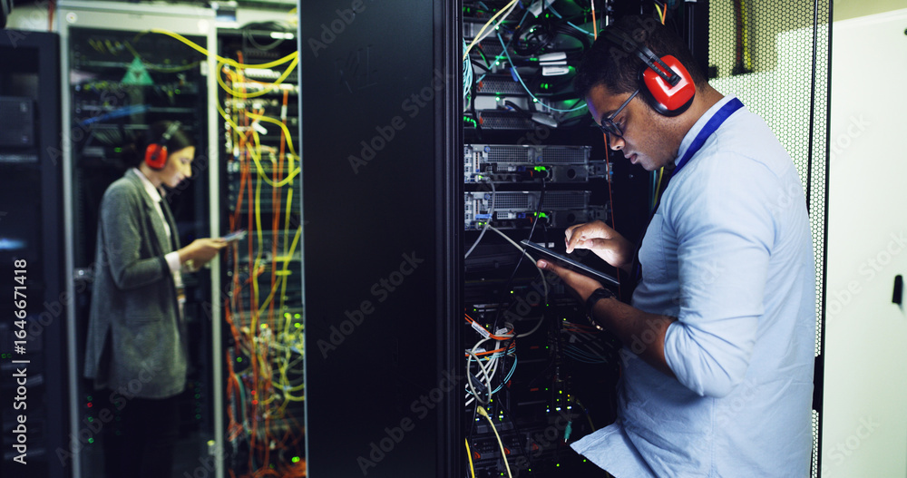 Poster database, maintenance and tablet with it professional in server room for cybersecurity support. app,