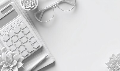Wei&szlig;er Schreibtisch mit Taschenrechner, Brille und Sukkulenten, minimalistische B&uuml;rodekoration f&uuml;r Finanzen.