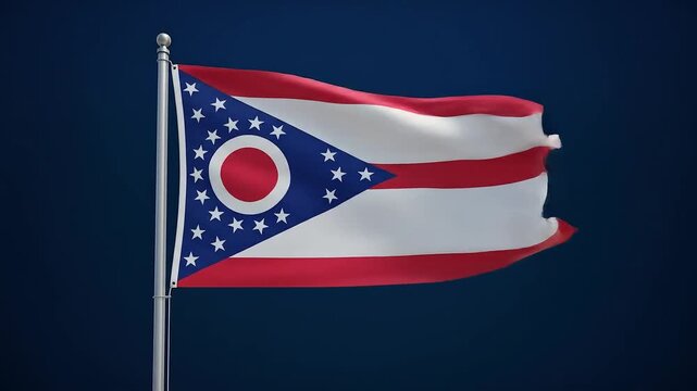 Waving flag of Ohio against a dark blue background, showcasing the state's emblem and colors.