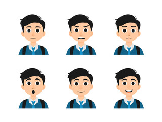 Flat Cartoon Vector Illustration of Teenage Boy in School Uniform with Backpack, Displaying Six Facial Expressions Neutral, Angry, Sad, Surprised, Happy, and Smiling