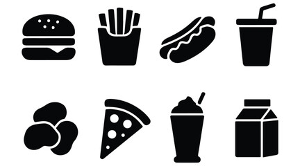 Black Fast Food Icon Set – Minimalist Food and Drink Symbols