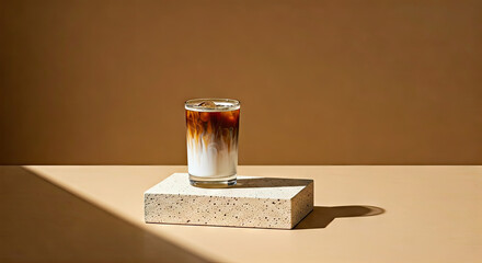 Iced Coffee Glass with Milk on Beige Stone, Minimalist Still Life
