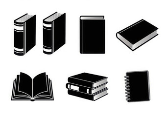 Collection of six different black and white book illustrations in isometric perspective