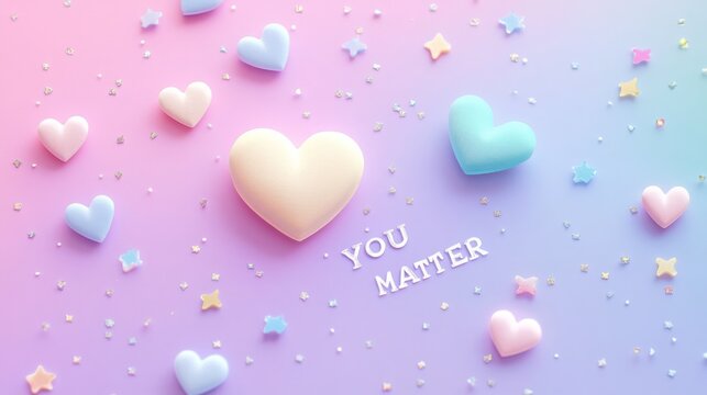 Heart-shaped candies with pastel colors and motivational message on a gradient background