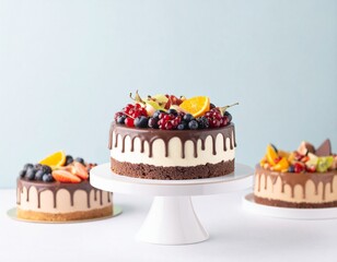 Festive Trio: Artfully arranged, three exquisite fruit cakes, adorned with fresh berries and citrus, sit elegantly, a tempting display of dessert perfection. 