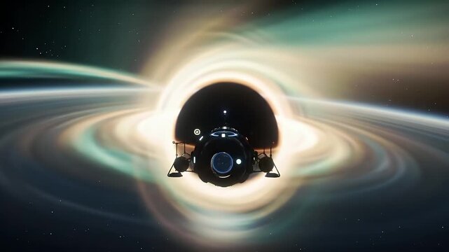 Spacecraft Journey Near Black Hole: A futuristic spacecraft journeys fearlessly close to a black hole. Witnessing the majesty of cosmos and advanced technology.