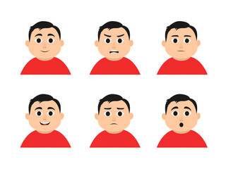Red Flat Style Chubby Cartoon Vector Boy Face Set with Six Expressions Happy, Angry, Neutral, Laughing, Sad, and Surprised