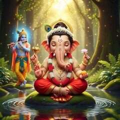 ganesha meditate behind vishnu protecting ganesha 