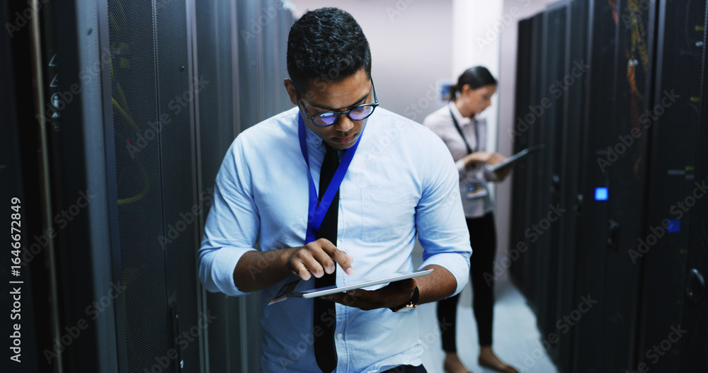 Poster inspection, maintenance and tablet with man in server room for cybersecurity support. app, database 