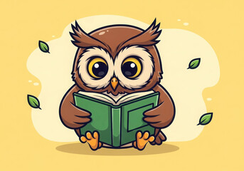 Cute cartoon owl reading a book with falling leaves