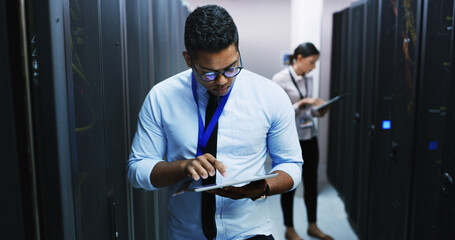 Inspection, maintenance and tablet with man in server room for cybersecurity support. App, database and mainframe with IT professional people in networking hub for service or technical engineering