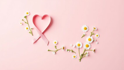 Breast cancer awareness ribbon with daisies on pink background art