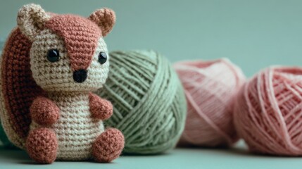 Cute crocheted squirrel next to colorful yarn balls in a creative indoor setting