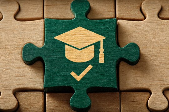 Jigsaw puzzle with graduation cap and check mark icon representing successful completion of education, symbolizing achievement and academic success
