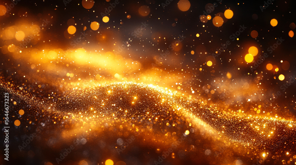 Poster dynamic golden orange flowing light streams with sparkling particles and bokeh effects creating magi