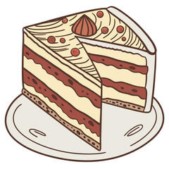 Slice of layered cake with cream and berries on a plate, isolated on white background