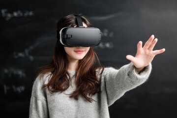 Asian teacher wearing vr headset exploring virtual environment in front of blackboard, representing future of education with immersive technology