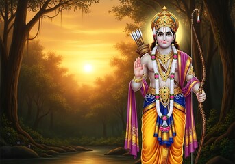 Fototapeta premium Divine Warrior Rama with Bow and Arrows in Forest Glow