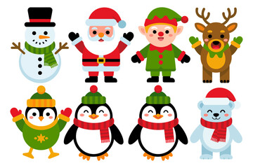Santa and friends icon set, snowman penguin elf reindeer polar bear, merry christmas vector illustration, seasonal clipart, kids party design