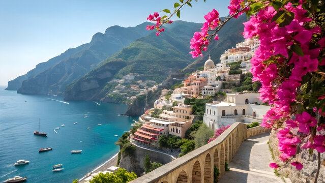 Positano Italy coastal town with colorful buildings and vibrant pink bougainvillea flowers overlooking the blue sea full hd 4k stock image download - Powered by Adobe