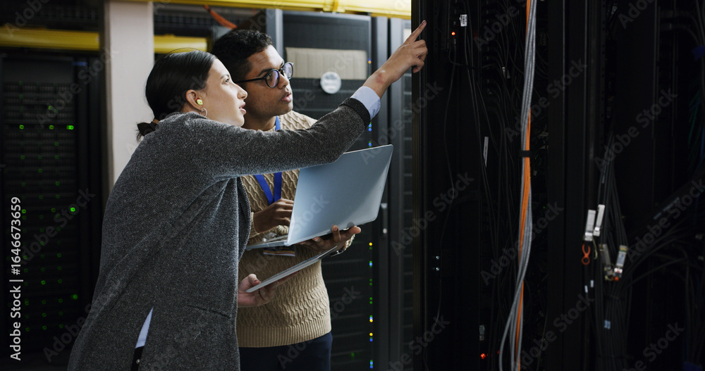 Poster people, laptop and tablet with teamwork in server room for technical support, software update or mai