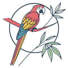 Macaw parrot in a circle with tropical leaves, isolated on white background