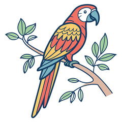 Red and yellow macaw parrot on a tree branch, isolated on white background