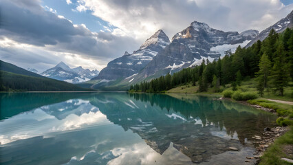 Turquoise alpine lake reflects snow capped mountains and cloudy sky full hd 4k stock image download reflection