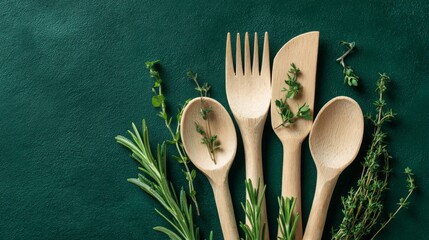 Wooden kitchen utensils arranged with fresh herbs on a dark green background for culinary inspiration