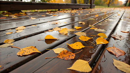 Wet wooden deck covered with fallen yellow and brown autumn leaves full hd 4k stock image download leaf