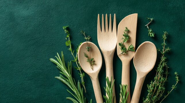 Wooden kitchen utensils arranged with fresh herbs on a dark green background for culinary inspiration