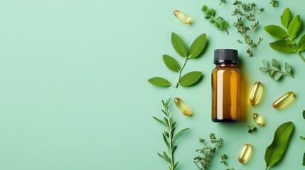 Natural oil and herbal supplements displayed surrounded by fresh leaves on a green background in a wellness context