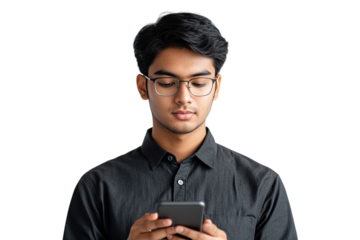 Person checks phone with PNG, transparent background for graphic design elements.
