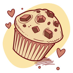 Chocolate chip muffin with hearts and yellow background