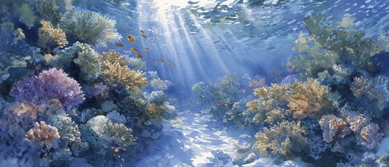 RECIFES DE CORAL SUBAQUÁTICOS: VISTA DE BAIXO PARA CIMA, RAIOS DE SOL