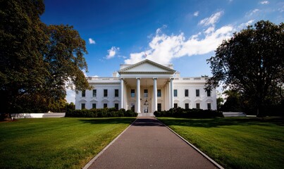 Wide shot of the White House, a grand, white, neoclassical building, situated in a well-maintained, grassy lawn