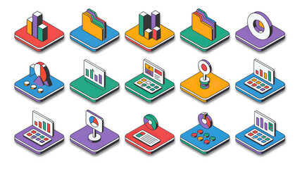 Isometric icon set of data analysis and business statistics isolated on Transparent  background