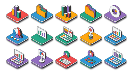 Isometric icon set of data analysis and business statistics isolated on Transparent  background