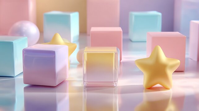 Colorful geometric shapes arranged artistically create a playful and vibrant atmosphere in a soft pastel palette