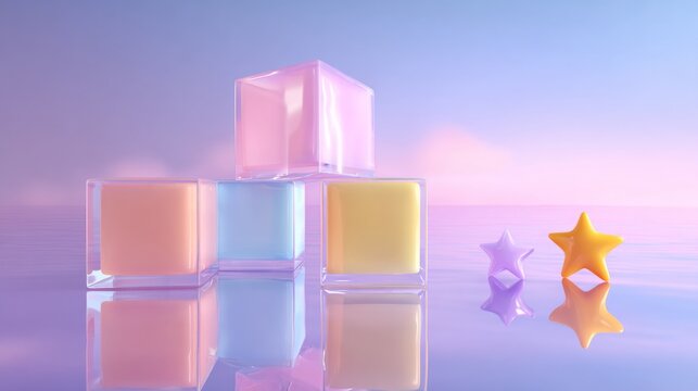 Colorful geometric shapes reflect serene pastel hues at sunset over calm water