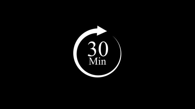 white circular 30 minute icon with an arrow on a black background, representing nonstop service and availability,4k video animation .