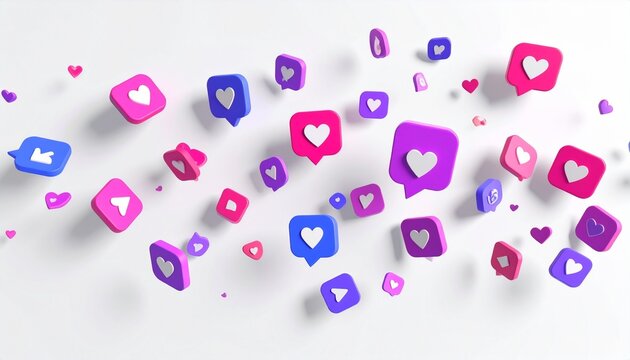 A bright and visually appealing digital background featuring various 3D social media notification icons such as “likes” and “hearts” in vibrant shades of purple, pink, and blue.