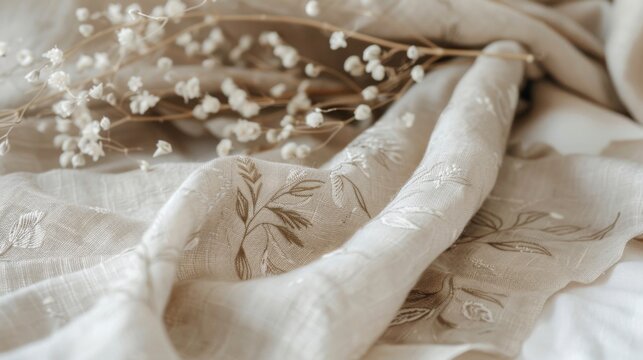 Soft linen fabric with delicate embroidery and dried floral accents on display indoors in warm natural light